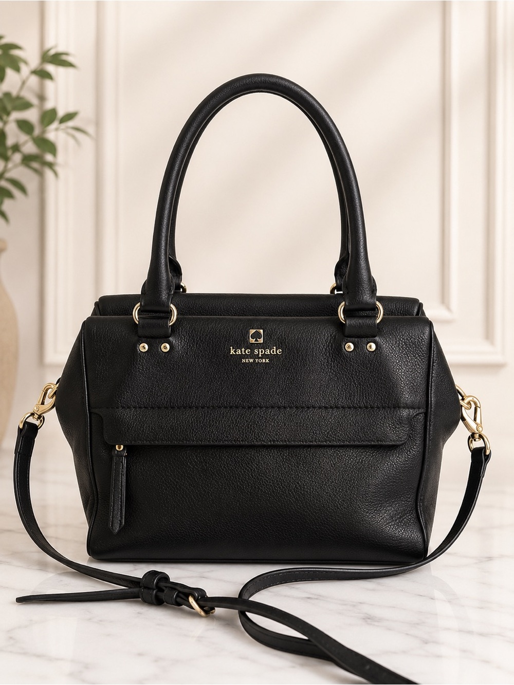 Kate Spade Black Pebbled Leather Satchel Crossbody Shoulder Bag Zip Top everyday